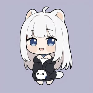 chibi, masterpiece, made by a master, 4k, perfect anatomy, perfect details, best quality, high quality, lots of detail.
(solo),1girl, ((white hair)), very long hair, blue eyes, (straight hair), (bangs), animal ears, (stoat ears:1.2), Choker, ahoge, fang, (big stoat Tail:1.2), (White sleeveless two piece dress, blue chest bow), (black hooded jacket:1.2), (Off the shoulders), (hugging a rabbit doll:1.2), single, looking at viewer, (full body) ,Emote Chibi. cute comic,simple background, flat color, Cute girl,Chibi Style,chibi emote style,cute,anime