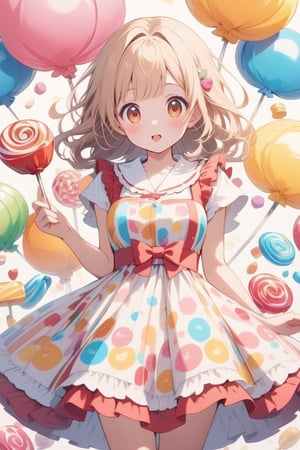 A cute girl Wearing a candy pattern dress, cute, candies, Japanese anime style