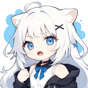 (chibi style), {{{masterpiece}}}, {{{best quality}}}, {{ultra-detailed}}, {beautiful detailed eyes},1girl, solo,  ((white hair)), very long hair, blue eyes, (straight hair), (bangs), animal ears, (stoat ears:1.2), Choker, ahoge, fangs, (big stoat Tail:1.2), (X hairpin), (White sleeveless collared dress, blue chest bow), (black hooded oversized jacket:1.2), (Off the shoulders), O_O, ((punching viewer)), upper body,chibi emote style,chibi,emote,cute comic