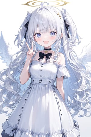 1girl, angel, white hair, long curly hair, (two side up), blue eyes,  (curly hair:1.2), (wavy hair), (hair curls)
, (bangs), (two side up), two blue hair ties on head, (Double golden halo on her head), bowtie choker, angel wings, ahoge, fang, (((white T-shirt))), virtual_youtuber, solo, long_hair, dress, eyepatch,looking_at_viewer, smile, ahoge, open_mouth, gothic_lolita, lolita_fashion, bare_shoulders, breasts, blush, mole_under_eye, , mole, bangs, cross, choker, v, collarbone, petals, 