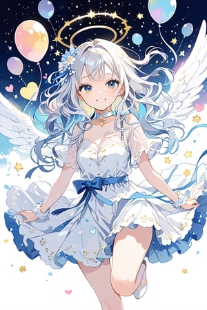 //quality
masterpiece, best quality, aesthetic, 
//Character
1girl, angel, white hair, long curly hair, ((two side up)), blue eyes, (two blue ribbons on her hair), (Double golden halo on her head), choker, angel wings, glossy lips, (beautiful and detailed eyes:1.1), big eyes, (medium breasts:1.1), (smirk:1.2), 
//Fashion
A girl with a light blue ribbon tied in her hair is wearing a fluffy and cute dress. The dress is white and blue with floral patterns, and the skirt is spread out to the knees. A ribbon of the same color as the light blue ribbon is decorated on the chest of the dress. The girl has a shy smile on her face and poses for the camera. Her eyes sparkle and her happy expression is impressive. The girl's illustration makes you feel a bright and gentle atmosphere.

Behind the girl, there is a colorful and fun background. Colorful balloons, flowers, stars, and hearts are floating in the sky. The colors of the background match the girl's dress and ribbon, enhancing the gorgeousness and cuteness. 
//Background 
(watercolor:0.6), dynamic pose, dynamic angle, 