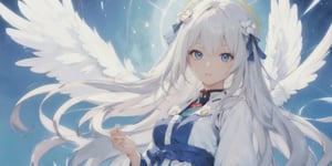  (Best Picture Quality, High Quality, Best Picture Score: 1.3), , Perfect Beauty Score: 1.5, long hair, 1 angel girl, (solo), ((white hair)), (long curly hair), blue eyes, ((two blue ribbons on her hair)), (Double golden halo on her head), (angel wings), (cute outfit), (full_body), beautiful, cute, masterpiece, best quality,perfect light,rei ayanami