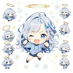 chibi, sd, masterpiece, made by a master, 4k, perfect anatomy, perfect details, best quality, high quality, lots of detail.
(solo),1girl, ((angel)), (white hair), long curly hair, (two side up), blue eyes,  (curly hair:1.2), (wavy hair), (hair curls), (bangs), (two side up), two ((blue)) hair ties on head, (Double golden halo on her head), choker, ((angel wings)), ahoge,one eye closed, Gray hooded long sleeve T-shirt,  Short pants, punching, single, looking at viewer, smiling, fang, happy, slightly angry, chibi, Emote Chibi. simple background, Line,cute comic,simple background, flat color,chibi,Cute girl,dal,Emote Chibi,chibi style,Chibi Style,lineart,Flat vector art