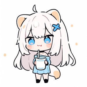 masterpiece, 1girl, stoat girl, solo,  ((white hair)), very long hair, blue eyes, (straight hair), (bangs), animal ears, (stoat ears:1.2),
 Choker, ahoge, fangs, (big stoat Tail:1.2), (blue X hairpin), solo, long hair, blush, bangs, simple background, cute dress, white background, hair between eyes, smiling, collarbone, (((holding a big cup))), drinking, ahoge, lips parted, off shoulder, chibi, (((up body))),flat style