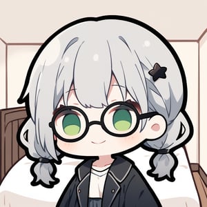 1girl, (gray hair), green eyes, long hair, ( pigtails:1.2), (black round frame glasses:1.2), (black star hairpin), (casual wear), collarbone, (Knight Coat), cotton pants, (happy), (in room), indoor, (eyes highlight), standing, ((upper body)), very beautiful girl, Sleepy eyes, closed mouth, :), himecut hairstyle, solo, (chibi), (Focus on face),((Chibi character)), chibi style