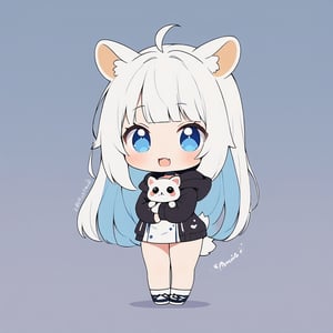 chibi, masterpiece, made by a master, 4k, perfect anatomy, perfect details, best quality, high quality, lots of detail.
(solo),1girl, ((white hair)), very long hair, blue eyes, (straight hair), (bangs), animal ears, (stoat ears:1.2), Choker, ahoge, fang, (big stoat Tail:1.2), (White sleeveless two piece dress, blue chest bow), (black hooded jacket:1.2), (Off the shoulders), (hugging a rabbit doll:1.2), single, looking at viewer, (full body) ,Emote Chibi. cute comic,simple background, flat color, Cute girl,Chibi Style,chibi emote style,cute,anime