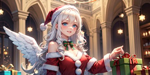  (Best Picture Quality, High Quality, Best Picture Score: 1.3), , Perfect Beauty Score: 1.5, 1girl, solo, angel, ((white hair)), ((long curly hair)), blue eyes, two blue ribbons on her hair, (Double golden halo on her head), (angel wings), (cute outfit), beautiful, cute, stylish cafe, best smile, Christmas,(( Decorate Santa Claus' house)), fine decorations, lots of presents, masterpiece, best quality,