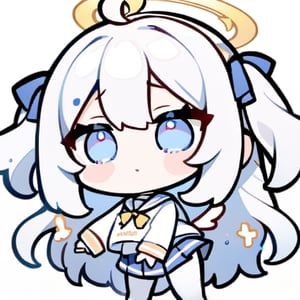  chibi, masterpiece, best quality,1girl, angel, (white hair), long curly hair, (two side up),blue eyes, (two blue ribbons on her hair), ((Double golden halo on her head)), choker, ((angel wings)), ahoge,blue school uniform,sailor collar,long sleeves,pleated skirt,white pantyhose,masterpiece,Emote Chibi