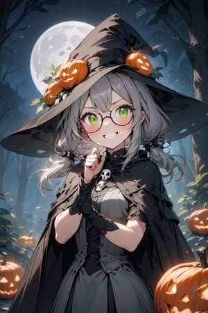 1girl, solo, (gray hair), green eyes, ahoge, (low-pigtail hairs:1.2), (black round frame glasses:1.2), (Witch hat), (Witch cloak), Witch dress, (cute pose), cobweb, (skull), pumpkin lantern, moon, blush, (In the forest at night), (eyes highlight), standing, ((upper body)), very beautiful girl, crazy smiling, slightly angry, himecut hairstyle, masterpiece quality, stunning image, masterpiece, 8K, stunning image, light particles, attractive image, reflections,  \medium\,Beautiful eyes,