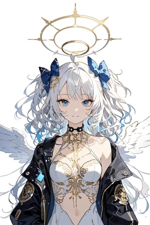 digital painting,1girl, angel, white hair, long curly hair, (two side up), blue eyes, two blue bows on head, (Double golden halo on her head), choker, angel wings on back, ahoge,cyberpunk, mechanical girl, cyborg, cable, exposed wires,
masterpiece, best quality, aethetic, closed mouth, jacket, simple background, smile, solo,aesthetic