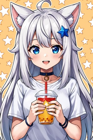 Masterpiece, 1 cute girl,1girl, stoat girl, solo,  ((white hair)), very long hair, blue eyes, (straight hair), (bangs), animal ears, (stoat ears:1.2),
 Choker, ahoge, yaeba, (big white stoat Tail:1.2), (blue X hairpin), solo, looking at viewer, long hair, bangs, smiling, simple background, heart \(symbol\), star (symbol\),  shirt,  holding with both hands, blue eyes, white shirt, upper body,  open lips, bracelet, cup, ring, cup held in hand, Japanese pattern background, cup, ice, straw, drink, glass, ice,ink paint