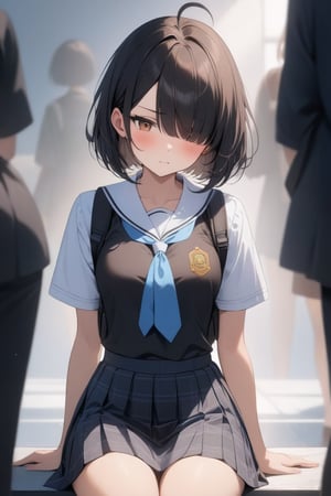 1girl, (dark black hair), brown eyes, ahoge, short hair, (striking bob cut and intense, hair covering one eye:1.2),  (school uniform), tight clothes, white shirt, Short sleeve, blue tie, Blue plaid pleated skirt, backpack, half-closed eyes, solo focus, standing, annoyed, looking down at viewer, see-through silhouette, blush, (simple background), (eyes highlight), ((Criss cross sitting:1.2)), very beautiful girl, himecut hairstyle, masterpiece quality, stunning image, masterpiece, 8K, stunning image, light particles, attractive image, reflections,  \medium\,Beautiful eyes,