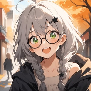 1girl, (gray hair), green eyes, medium hair, (double braid), ahoge, (black round frame glasses:1.2), (black star hairpin), (autumn clothing), (Dark coat), Sleeveless top, Short skirt, Off-shoulder, (happy), Emotionally excited, (On the streets in autumn), (eyes highlight), standing, ((upper body)), very beautiful girl, eyes wide open, Open mouth wide, sweat, slightly angry, himecut hairstyle, solo, (chibi), (Focus on face),((Chibi character))