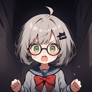 1girl, (gray hair), green eyes, short hair, (Bob Hair), ahoge, (black round frame glasses:1.2), (black star hairpin), (Sailor Suit), (student uniform), dark blue collar, (red bow tie), Dark blue pleated skirt, blush, (In a dark room), (eyes highlight), standing, ((upper body)), very beautiful girl, shock, surprise, eyes wide open, Open mouth wide, sweat, slightly angry, himecut hairstyle, solo, (chibi), (Focus on face),((Chibi character))