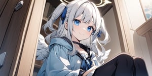 Anime-style illustration depicting a Japanese room scene. A young girl,1angel, (white hair), long curly hair, blue eyes, (two blue ribbons on her hair), (Double golden halo on her head), ((angel wings)),  two side up, (a small feather on the front hair), dress, cute outfit, best smile, cute face, wearing a choker and a hooded spring coat. The perspective is from below, focusing on the girl, in door. sitting, watching TV,