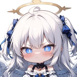 1girl, angel, white hair, long curly hair, (two side up), blue eyes, two blue bows on head, (Double golden halo on her head), choker, ((angel wings on back)), ahoge,  (White gothic lolita style ruffle dress, blue ribbon), ((Off the shoulders:1.2)), solo, (chibi, head only), blush, mouth close, (close-up portrait), (angry, blush, pouty), ((shadow face:1.3)), (glowing eyes), Upper Body, (Focus on face), simple white background,((Chibi character)), (punch)