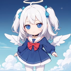  chibi, masterpiece, best quality,1girl, angel, (white hair), long curly hair, (two side up),blue eyes, (two blue ribbons on her hair), (Double golden halo on her head), choker, angel wings, ahoge,blue school uniform,sailor collar,long sleeves,pleated skirt,white pantyhose,
,masterpiece