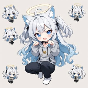 chibi, sd, masterpiece, made by a master, 4k, perfect anatomy, perfect details, best quality, high quality, lots of detail.
(solo),1girl, ((angel)), ((white hair)), long curly hair, (two side up), blue eyes,  (curly hair:1.2), (wavy hair), (hair curls), (bangs), (two side up), two ((blue)) hair ties on head, (Double golden halo on her head), choker, ((angel wings)), ahoge, fang, cat ears, smug smile, slightly angry, (Gray long sleeve hooded top), Black long pants, white socks, single, looking at viewer, mouth wide open, (paw pose), (full body) ,Emote Chibi. cute comic,simple background, flat color, Cute girl,dal,Chibi Style,lineart,