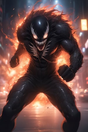 Marvel character Venom, (attack), (fighting), Punch, Punching in viewer, (On the streets at night), aura, standing, ((upper body)), eyes wide open, Open mouth wide, sweat, slightly angry, masterpiece quality, stunning image, masterpiece, 8K, stunning image, light particles, attractive image, reflections,