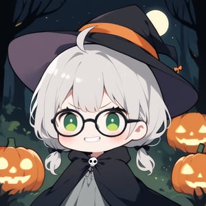 1girl, solo, (gray hair), green eyes, ahoge, (low-pigtail hairs:1.2), (black round frame glasses:1.2), (Witch hat), (Witch cloak), Witch dress, (cute pose), cobweb, (skull), pumpkin lantern, moon, blush, (In the forest at night), (eyes highlight), standing, ((upper body)), very beautiful girl, crazy smiling, slightly angry, himecut hairstyle, solo, (chibi), (Focus on face), chibi style