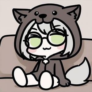 1girl, (gray hair), green eyes, (short hair), (Flat bangs), (black round frame glasses:1.2), (wolf ear headdress), (Wearing werewolf costume:1.2), (happy), (indoor), (eyes highlight), very beautiful girl, very cute face, (Medium chest), proud expression, :), sitting on sofa, cute pose, headtilt, solo, (chibi),((Chibi character)), chibi style, flat-color-style