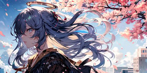 full body,Blood Mist, background_Urban rooftop,1girl, angel, with sliver long curly hair, blue eyes, two blue ribbons on her hair, (Double golden halo on her head), angel wings, despair,blood sakura,((masterpiece)), (((best quality))), ((ultra-detailed)), ((illustration)), ((disheveled hair)),Blood Cherry Blossom,torn clothes,tearing with eyes open,solo,Blood Rain,bandages,Gunpowder smoke,beautiful deatailed shadow, Splashing blood,dust,tyndall effect,portrait,