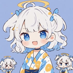 (chibi:1.3), masterpiece, made by a master, 4k, perfect anatomy, perfect details, best quality, high quality, lots of detail.
(solo), 1girl, angel, white hair, long curly hair, (two side up), blue eyes, (curly hair:1.2), (wavy hair), (hair curls), (bangs), (two side up), two blue hair ties on head, (Double golden halo on her head), bowtie choker, angel wings, ahoge, fang, (cute yukata, colorful yukata), smiling, single, (((>_<:1.4))), (upper body) ,Emote Chibi. cute comic,simple background, flat color, Cute girl,dal,Chibi Style,lineart,comic book,score_9,score_8_up,score_7_up,source_anime,Deformed