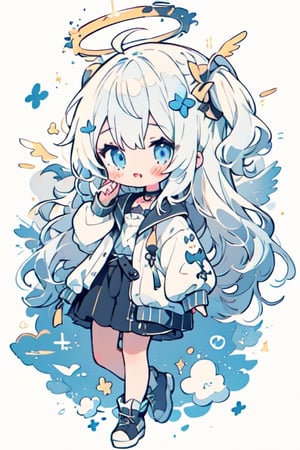cute, chibi, 1girl, (angel), white hair, long curly hair, (two side up), blue eyes,  (curly hair:1.2), (wavy hair), (hair curls)
, (bangs), (two side up), two blue hair ties on head, (Double golden halo on her head), choker, (angel wings), ahoge, fang,solo,,white background,falling down,floating,in air,floating hair,Bubbles, refracted sunlight, light spots, sadness, lowered head,/shelly/