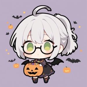 1girl, (gray hair), green eyes, ahoge, (short ponytail:1.2), (black round frame glasses:1.2), dress, halloween outfit, boots, bats, cobweb, pumpkin lantern, blush, simple halloween background), (eyes highlight), standing, solo, (chibi), (Focus on face), 