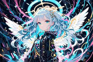 1girl, angel, white hair, long curly hair, (two side up), blue eyes,  (curly hair:1.2), (wavy hair), (hair curls)
, (bangs), (two side up), two blue hair ties on head, (Double golden halo on her head), choker, angel wings, ahoge, A trendy girl,neon hoodie,cybernetic illuminations,masterpiece, best quality,  aethetic,Waist-up view,more detail XL