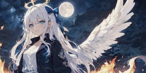  (Best Picture Quality, High Quality, Best Picture Score: 1.3), , Perfect Beauty Score: 1.5, long hair, 1 angel girl, (solo), ((white hair)), (long curly hair), blue eyes, ((two blue ribbons on her hair)), (Double golden halo on her head), (angel wings), (cute outfit), ((Wearing a black flame patterns jacket)), cute smile, background is the night sky with the bright moon hanging high, beautiful, cute, masterpiece, best quality,sarashi,