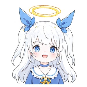 (masterpiece, top quality, best quality, official art, beautiful and aesthetic:1.2),(8k, best quality, masterpiece:1.2), 1girl, angel, white hair, long curly hair, two side up, blue eyes, two blue ribbons on her hair, (Double golden halo on her head), choker, angel wings, blue choker, dress, cute smile, open mouth, masterpiece, best quality, aesthetic, realistic, ,game icon institute,line anime,best quality