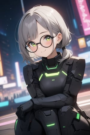 1girl, (gray hair), green eyes, (short hair), (Flat bangs), (short ponytail:1.2), (black round frame glasses:1.2), (wearing armored suit), (cyberpunk style), tight clothes, (happy), (outdoor), (eyes highlight), very beautiful girl, very cute face, (Medium chest), proud expression, :), sitting, cute pose, headtilt, masterpiece quality, masterpiece, 8K, stunning image, light particles, attractive image, reflections, Dutch Angle Shot,Beautiful eyes,