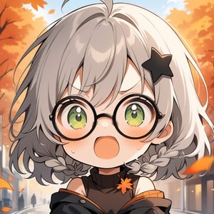 1girl, (gray hair), green eyes, medium hair, (double braid), ahoge, (black round frame glasses:1.2), (black star hairpin), (autumn clothing), (Dark coat), Sleeveless top, Short skirt, Off-shoulder, (happy), Emotionally excited, (On the streets in autumn), (eyes highlight), standing, ((upper body)), very beautiful girl, eyes wide open, Open mouth wide, sweat, slightly angry, himecut hairstyle, solo, (chibi), (Focus on face),((Chibi character))