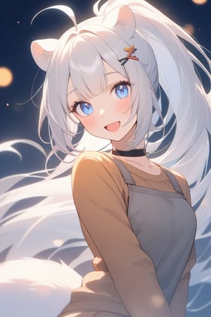 1girl, stoat girl, solo,  ((white hair)), very long hair, blue eyes, (straight hair), (bangs), animal ears, (stoat ears:1.2),
 Choker, ahoge, yaeba, (big white stoat Tail:1.2), (blue X hairpin), very beautiful girl, smiling open mouth, happy, ponytail hairstyle, long hair, himecut hairstyle, casual outfit, Tokyo, watercolor splashes, masterpiece quality, stunning image, masterpiece, 8K, stunning image, light particles, attractive image, reflections, watercolor \(medium\),Beautiful eyes