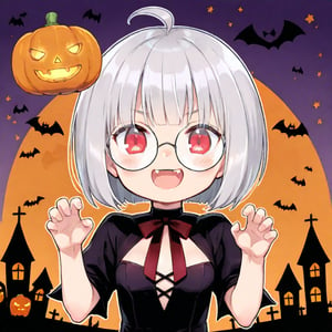 1girl, (gray hair), red eyes, ahoge, (striking bob cut and intense), (black round frame glasses:1.2), (vampire style dress), (Vampire Fangs) , (claw pose), bats, cobweb, pumpkin lantern, moon, blush, (simple halloween background), (eyes highlight), standing, ((upper body)), very beautiful girl, smiling, open_mouth, himecut hairstyle, solo, (chibi), (Focus on face), 