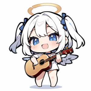  chibi, masterpiece, best quality, solo, 1girl, angel, (white hair), long curly hair, (two side up),blue eyes, (two blue ribbons on her hair), ((Double golden halo on her head)), choker, ((angel wings)), full body, cute smile, best smile, open mouth, Wearing white T-shirt, playing guitar, simple background,masterpiece,Chibi anime,doodle