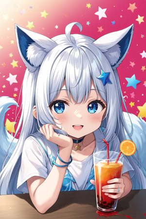 Masterpiece, 1 cute girl,1girl, stoat girl, solo,  ((white hair)), very long hair, blue eyes, (straight hair), (bangs), animal ears, (stoat ears:1.2),
 Choker, ahoge, yaeba, (big white stoat Tail:1.2), (blue X hairpin), solo, looking at viewer, long hair, bangs, smiling, simple background, heart \(symbol\), star (symbol\),  shirt,  holding with both hands, blue eyes, white shirt, upper body,  open lips, bracelet, cup, ring, cup held in hand, Japanese pattern background, cup, ice, straw, drink, glass, ice,ink paint