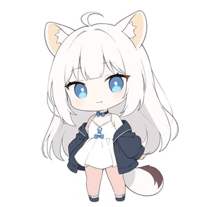 chibi, masterpiece, made by a master, 4k, perfect anatomy, perfect details, best quality, high quality, lots of detail.
(solo),1girl, ((white hair)), very long hair, blue eyes, (straight hair), (bangs), animal ears, (stoat ears:1.2), collar, ahoge, fang, (big stoat Tail:1.2), (White sleeveless two piece dress, blue chest bow), (black hooded jacket:1.2), (Off the shoulders), (fighting a bunny doll), single, looking at viewer, (full body) ,Emote Chibi. cute comic,simple background, flat color, Cute girl,Chibi Style,chibi emote style,cute,anime