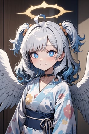  {{{masterpiece}}}, {{{best quality}}}, {{ultra-detailed}}, {beautiful detailed eyes}, 1girl, solo, angel, white hair, long curly hair, (two side up), blue eyes,  (curly hair:1.2), (wavy hair), (hair curls), (bangs), (two side up), two blue hair ties on head, (Double golden halo on her head), choker, angel wings, ahoge, fang,, (cute yukata, colorful yukata), smiling, Beautiful eyes,flat style