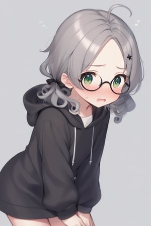  1girl, solo, (gray hair), green eyes, (short Twin ponytails:1.2),  (curly hair:1.2), ahoge, (black round frame glasses:1.2), (black star hairpin), solo, blush, open mouth, Center parted bangs, forehead, hooded cloak, Hood Down, long sleeve shirt top, Short skirt, boots, upper body, sweat, embarrassed,