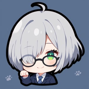 1girl, (gray hair), green eyes, ahoge, short hair, (striking bob cut and intense, hair covering one eye:1.2), (black round frame glasses:1.2), (school uniform), tight clothes, white shirt, blue tie, Blue plaid pleated skirt, Dark blue blazer, boots, half-closed eyes, blush, (paw pose), (simple school background), (eyes highlight), standing, ((upper body)), very beautiful girl, smiling, happy, himecut hairstyle, solo, (chibi), (Focus on face), 