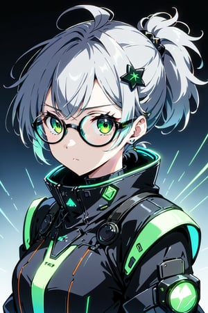 masterpiece, ultra detailed, HD, 

1girl, (gray hair), green eyes, (short ponytail:1.2), ahoge, (black round frame glasses:1.2), (black star hairpin), solo, Anime style, Japanese anime, cel shading, 

sanpaku eyes, cyberpunk costume, glowing outfit with neon lines, 

Anime Style