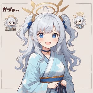 (chibi:1.3), masterpiece, made by a master, 4k, perfect anatomy, perfect details, best quality, high quality, lots of detail.
(solo), 1girl, angel, white hair, long curly hair, (two side up), blue eyes, (curly hair:1.2), (wavy hair), (hair curls), (bangs), (two side up), two blue hair ties on head, (Double golden halo on her head), bowtie choker, angel wings, ahoge, fang, (cute yukata, colorful yukata), smiling, single, (((>_<:1.4))), (upper body) ,Emote Chibi. cute comic,simple background, flat color, Cute girl,dal,Chibi Style,lineart,comic book,score_9,score_8_up,score_7_up,source_anime