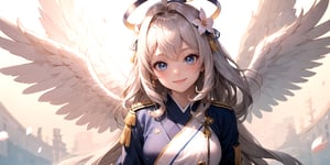  figure, (1girl), (solo), (angel_wings), ((white long curly hair)), blue eyes, two blue ribbons on her hair, (Double golden halo on her head), middle_breast, , cute smile, Japanese military uniform, Japanese military hat, fighting pose, background is cherry blossoms, masterpiece, masterpiece, best quality, better_hands, five fingers,