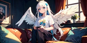  (Best Picture Quality, High Quality, Best Picture Score: 1.3), , Perfect Beauty Score: 1.5, long hair, 1girl, solo, angel, ((white hair)), (long curly hair), blue eyes, ((two blue ribbons on her hair)), (Double golden halo on her head), (angel wings), (cute outfit), Wearing a T-shirt and pajamas trousers, Squatting on the sofa, sad expression, beautiful, cute, masterpiece, best quality,