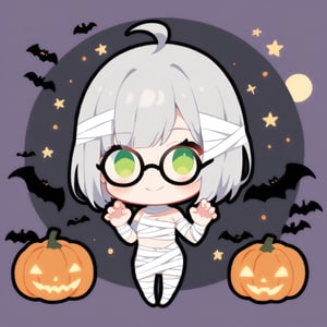 1girl, (gray hair), green eyes, ahoge, (striking bob cut and intense), (black round frame glasses:1.2), mummy dress up, Bandage outfit, Full body bandage, (claw pose), bats, cobweb, pumpkin lantern, moon, blush, (simple halloween background), (eyes highlight), standing, ((upper body)), very beautiful girl, smiling, happy, himecut hairstyle (eyes highlight), standing, solo, (chibi), (Focus on face), 