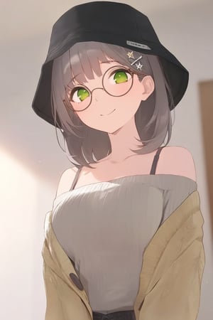 1girl, (gray hair), green eyes, medium hair, (bucket hat), (black round frame glasses:1.2), (black star hairpin), (light top), collarbone, (Sweater Jacket), cotton pants, Off-shoulder, (happy), (in room), indoor, (eyes highlight), standing, ((upper body)), very beautiful girl, Sleepy eyes, closed mouth, :), slightly angry, himecut hairstyle,, masterpiece quality, stunning image, masterpiece, 8K, stunning image, light particles, attractive image, reflections, Dutch Angle Shot,Beautiful eyes,