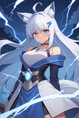 Front view, (score 9, score 8 up, score_7_up, source anime, (masterpiece), best quality, expressive eyes, perfect face, (masterpiece), best quality, expressive eyes, perfect face, at night, 1girl, stoat girl, solo,  ((white hair)), very long hair, blue eyes, (straight hair), (bangs), animal ears, (stoat ears:1.2),
 Choker, ahoge, yaeba, (big white stoat Tail:1.2), (blue X hairpin),, standing, eerily intense, if looks could kill, lightning arcing from her, powerful, on a roof top night time, electricity aura, tears, eyes glowing, taking an action stance, ready to fight