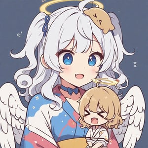 (chibi:1.3), masterpiece, made by a master, 4k, perfect anatomy, perfect details, best quality, high quality, lots of detail.
(solo), 1girl, angel, white hair, long curly hair, (two side up), blue eyes, (curly hair:1.2), (wavy hair), (hair curls), (bangs), (two side up), two blue hair ties on head, (Double golden halo on her head), bowtie choker, angel wings, ahoge, fang, (cute yukata, colorful yukata), smiling, single, (((>_<:1.4))), (upper body) ,Emote Chibi. cute comic,simple background, flat color, Cute girl,dal,Chibi Style,lineart,comic book,score_9,score_8_up,score_7_up,source_anime